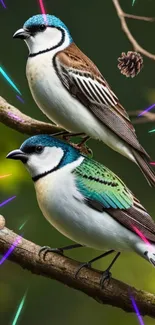 Two colorful birds sit on a branch with neon accents.