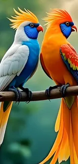 Two colorful fantasy birds perched on a branch with vibrant plumage.