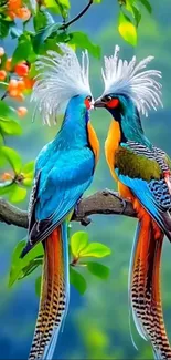 Two exotic birds with colorful plumage on a branch.