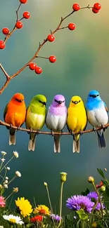 Five colorful birds perched on a blossoming branch.