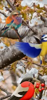 Colorful birds perched on a cherry blossom branch with blooming flowers.