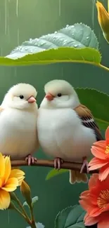 Two birds on a flowered branch with green leaves and colorful blooms.