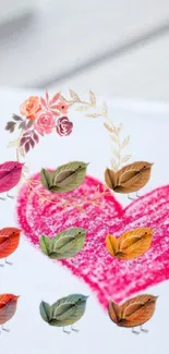 Colorful leaf birds surrounding a pink heart on a white background.