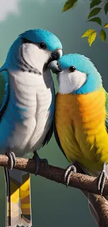 Two colorful birds perched on leafy branch with vibrant background.