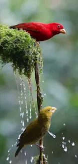 Red and yellow birds perched on a branch with water droplets in a lush setting.