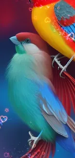 Colorful birds with vibrant feathers in red, blue, and green on a mobile wallpaper.