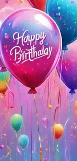 Colorful birthday balloons with 'Happy Birthday' text.