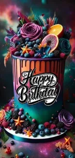 Artistic birthday cake with vibrant colors and fruit decoration.