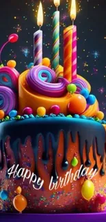Colorful birthday cake with candles and artistic design.