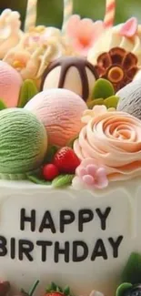 Vibrant birthday cake with colorful decorations.