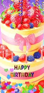 Vibrant birthday cake with fruits and candles, set as wallpaper.