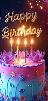 Colorful cake with candles and flowers for a birthday celebration.