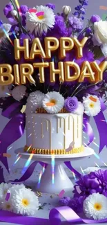 Birthday cake with flowers and a festive sign.