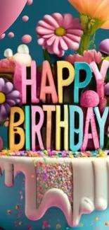 Colorful birthday cake with flowers and 'Happy Birthday' text.