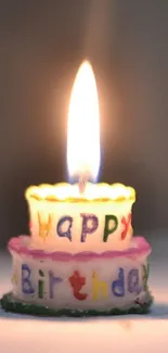 Colorful birthday cake candle with flame.