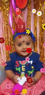 Joyful baby at a colorful birthday party surrounded by balloons and shimmering decor.