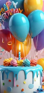 Colorful birthday cake with balloons and candle.