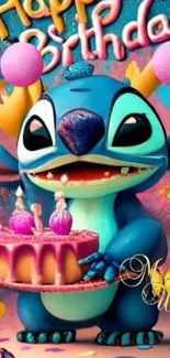Colorful cartoon character with birthday cake.