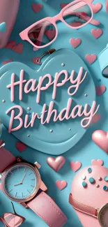 Colorful birthday-themed wallpaper with hearts and accessories.