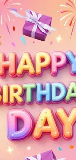 Colorful Happy Birthday wallpaper with balloons and gifts.