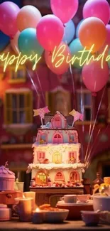 Whimsical birthday cake with colorful balloons.