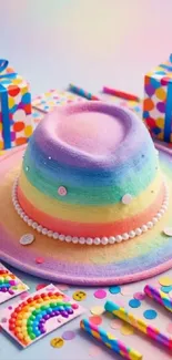 Colorful rainbow-themed hat and gifts for a festive birthday party.
