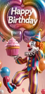 Birthday wallpaper with colorful clown and balloons.