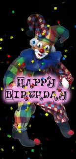 Colorful clown with 'Happy Birthday' text and confetti on black background.