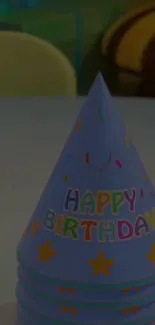 Vibrant birthday hat with stars and 'Happy Birthday' text.