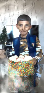 Smiling child with colorful cake and confetti in living room.