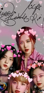 Blackpink wallpaper with hearts and signatures.