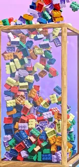 Colorful building blocks in a glass frame on pastel purple background.