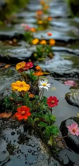 Colorful flowers blooming on a wet rock pathway.