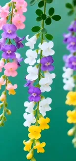 Vibrant flowers hanging on green background wallpaper.