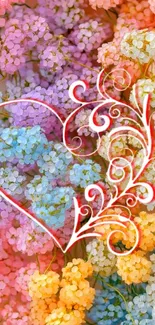 Colorful floral wallpaper with a heart design overlay.