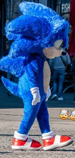 Blue character in costume strolling urban street.