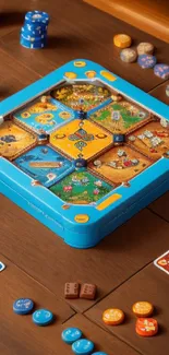 Colorful board game with vibrant tokens and a detailed setup on a wooden table.