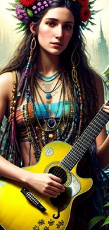 Bohemian woman with guitar and floral crown in vibrant colors.