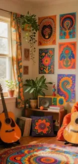 Bohemian music room with colorful decor and guitars.