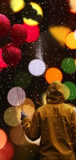 Person in yellow coat with balloons amidst colorful bokeh lights.