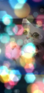 Whimsical cat with colorful bokeh lights overlay.