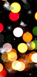 Colorful bokeh background with floating feathers.