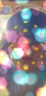 Colorful bokeh wallpaper with floral designs and vibrant lights.