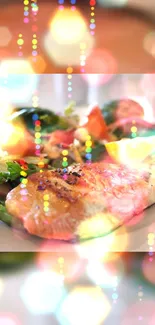 Colorful bokeh lights with a plated meal on modern wallpaper.