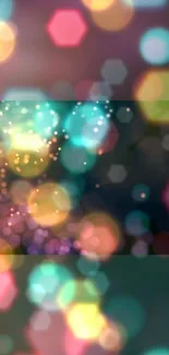 Vibrant bokeh wallpaper with colorful hexagonal lights.