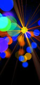 Colorful bokeh wallpaper with radiant lights and starburst effect.