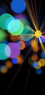 Vibrant mobile wallpaper with colorful bokeh lights on a black background.