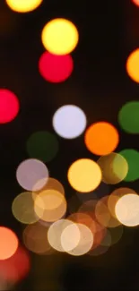 Colorful bokeh light circles on a dark background.