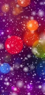 Mobile wallpaper with colorful bokeh and snow effect on a purple background.