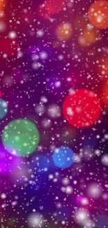 Colorful bokeh wallpaper with snow effect on purple background